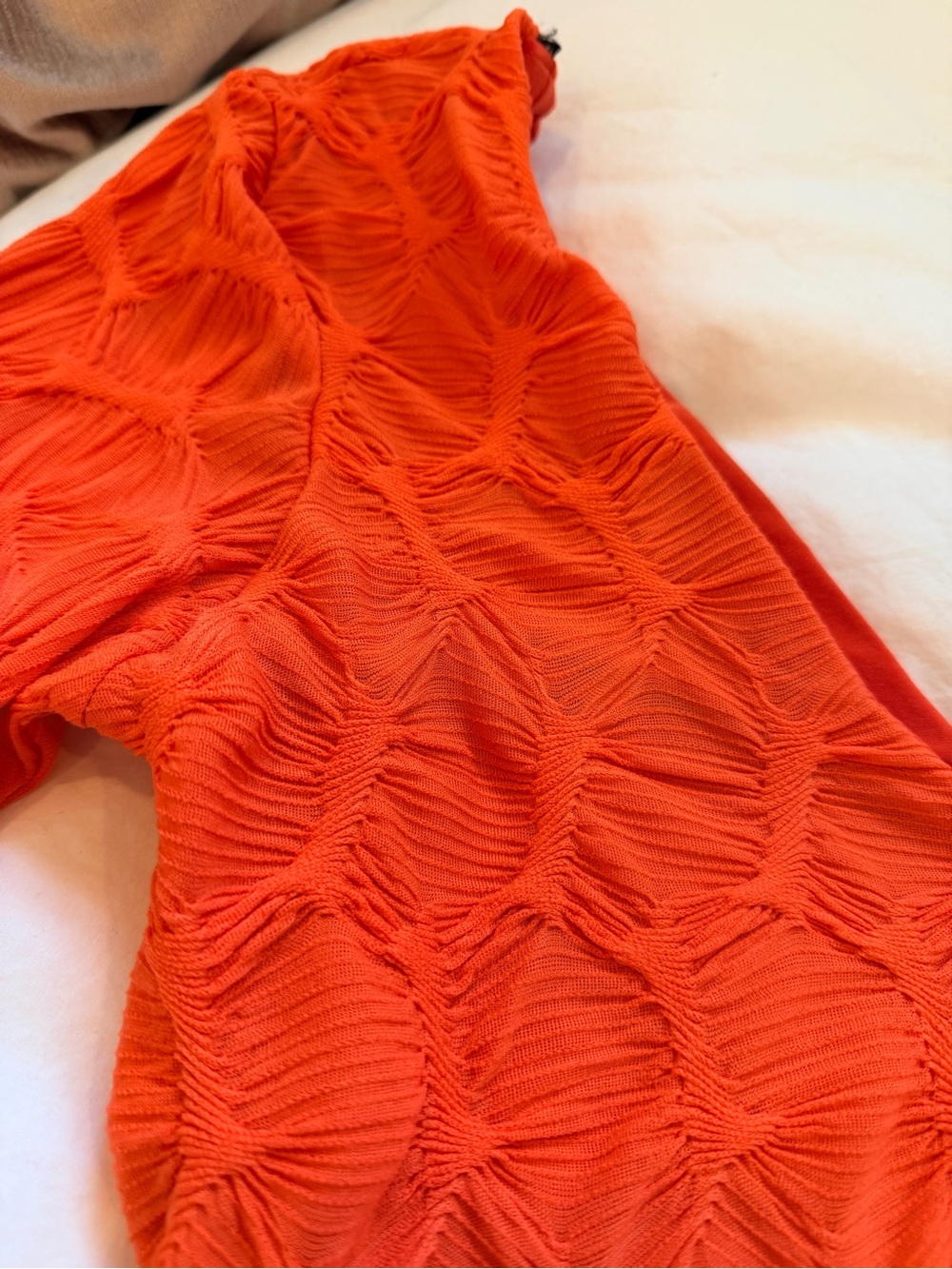 Bebe Bright Orange Textured knit V-Neck Bell Sleeve Bodycon Mini Dress - Picture 4 of 5